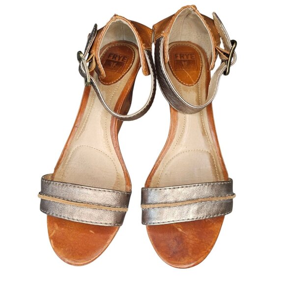 Frye Carol Seam Bronze Leather Open Toe Wedge Sandals Cognac Tan Size 7 - Picture 2 of 12